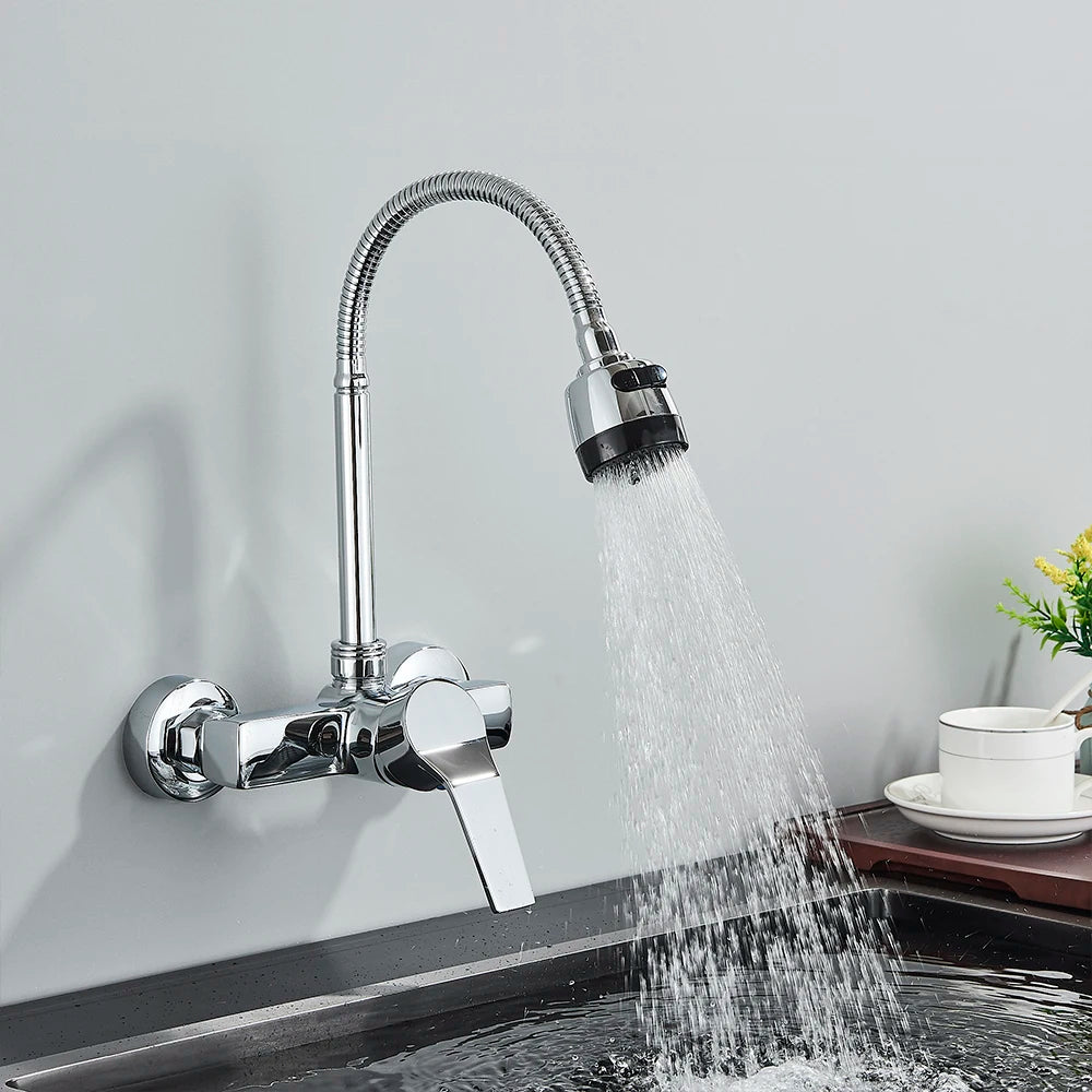 Chrome Wall Mounted Dual Hole Kitchen Faucet Lead Free Hot Cold Water Mixer Tap Stream Spray Bubbler 360 Rotation Flexible Pipe