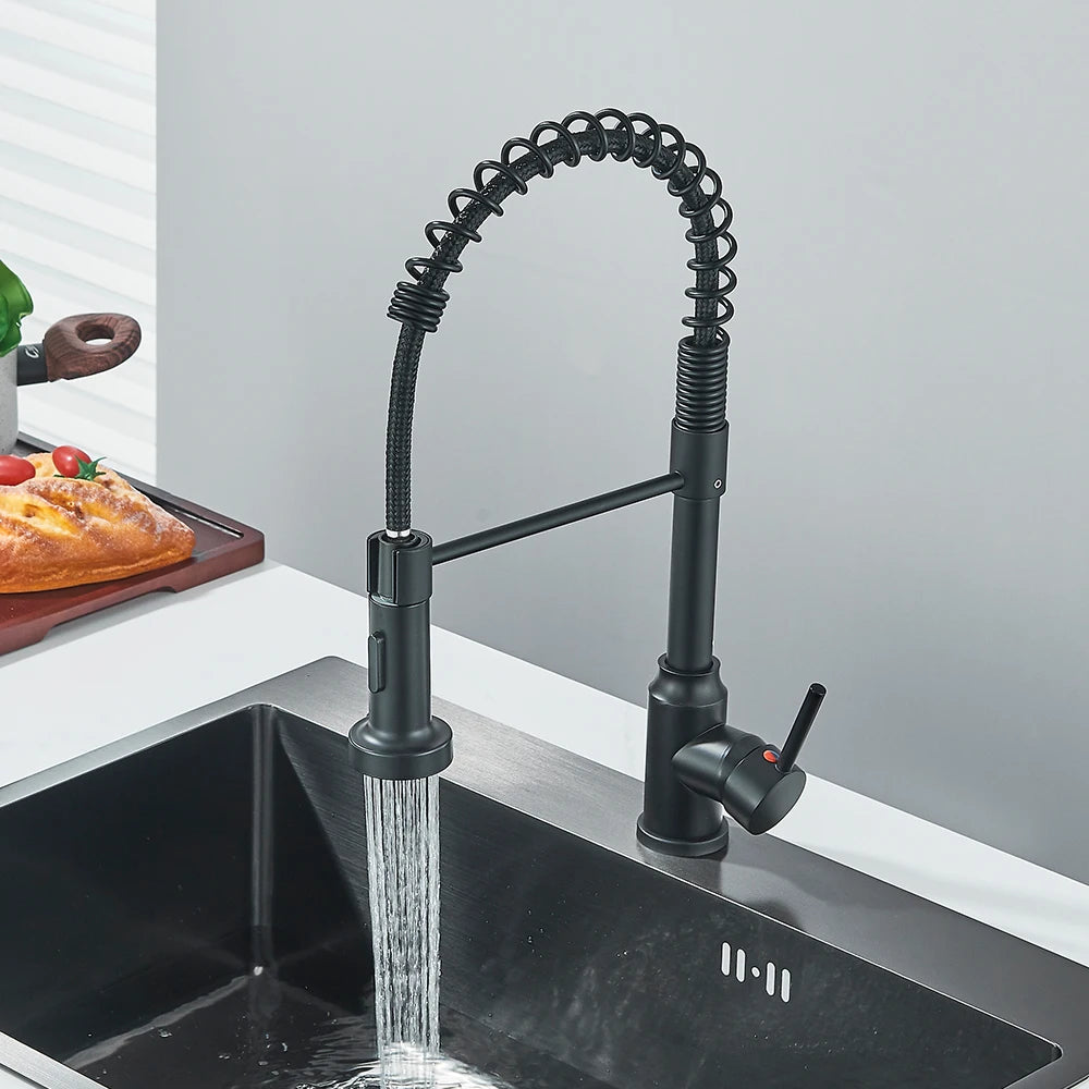 Matte Black Kitchen Sink Faucet One Handle Spring Hot and Cold Water Tap Deck Mounted Bathroom Chrome Kitchen Crane