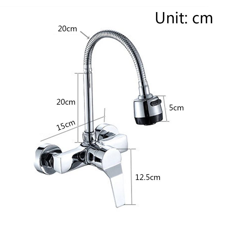 Chrome Wall Mounted Dual Hole Kitchen Faucet Lead Free Hot Cold Water Mixer Tap Stream Spray Bubbler 360 Rotation Flexible Pipe