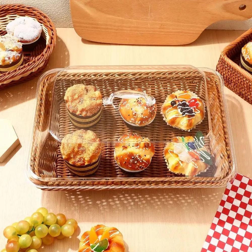 1Pcs Imitation Rattan Woven Basket Lid Transparent Vegetable Bread Serving Food Serving Basket with Acrylic Lid Tabletop