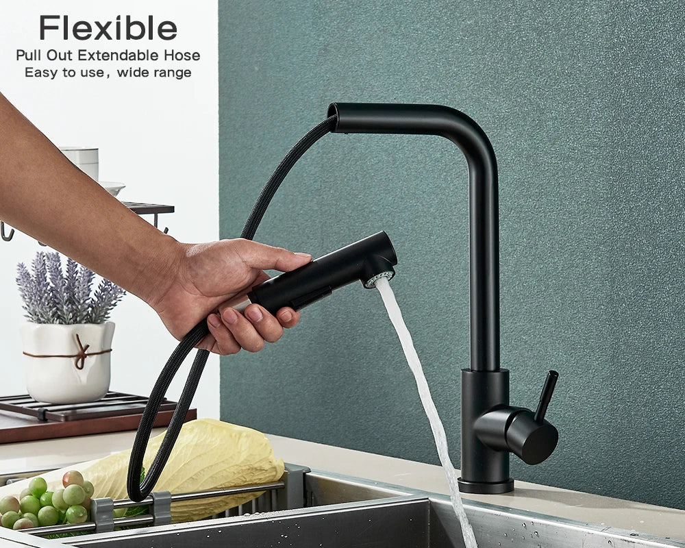 Pull Out Kitchen Sink Faucet Flexible 2 Modes Stream & Sprayer Nozzle Rotatable Faucets Stainless Steel Hot Cold Wate Mixer Tap