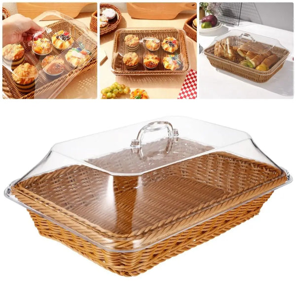 1Pcs Imitation Rattan Woven Basket Lid Transparent Vegetable Bread Serving Food Serving Basket with Acrylic Lid Tabletop