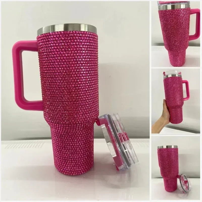 40oz Rhinestone Tumbler Women Shiny Diamond Stainless Steel Straw Cup Travel Car Thermoses Coffee Mug Water Bottle Drinkware