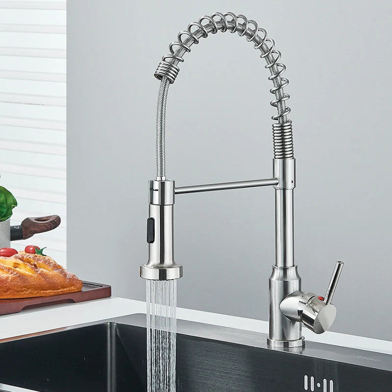 Chrome Spring Pull Down Kitchen Faucets Stream Spray Head Hot Cold Water Tap Stainless steel Rotation Kitchen Mixer Tap Crane