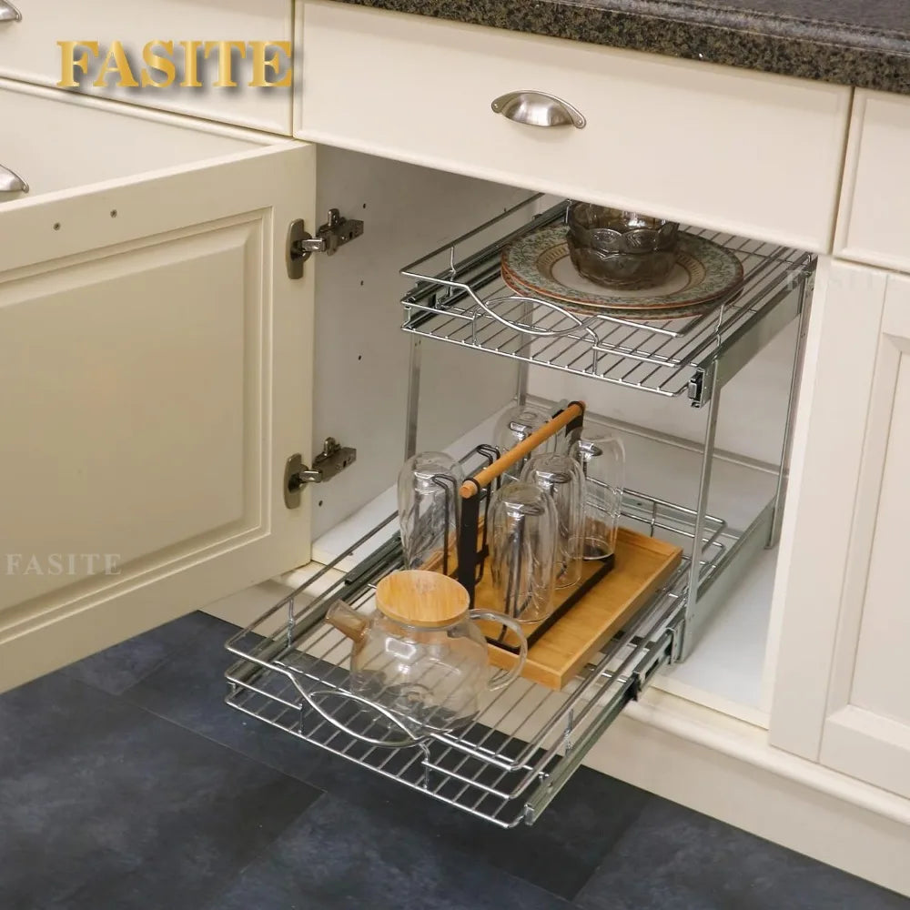 Pull Out Cabinet Organizer 26" W x 21" D 2-Tier Individual Slide  Drawer Pantry Shelf Storage