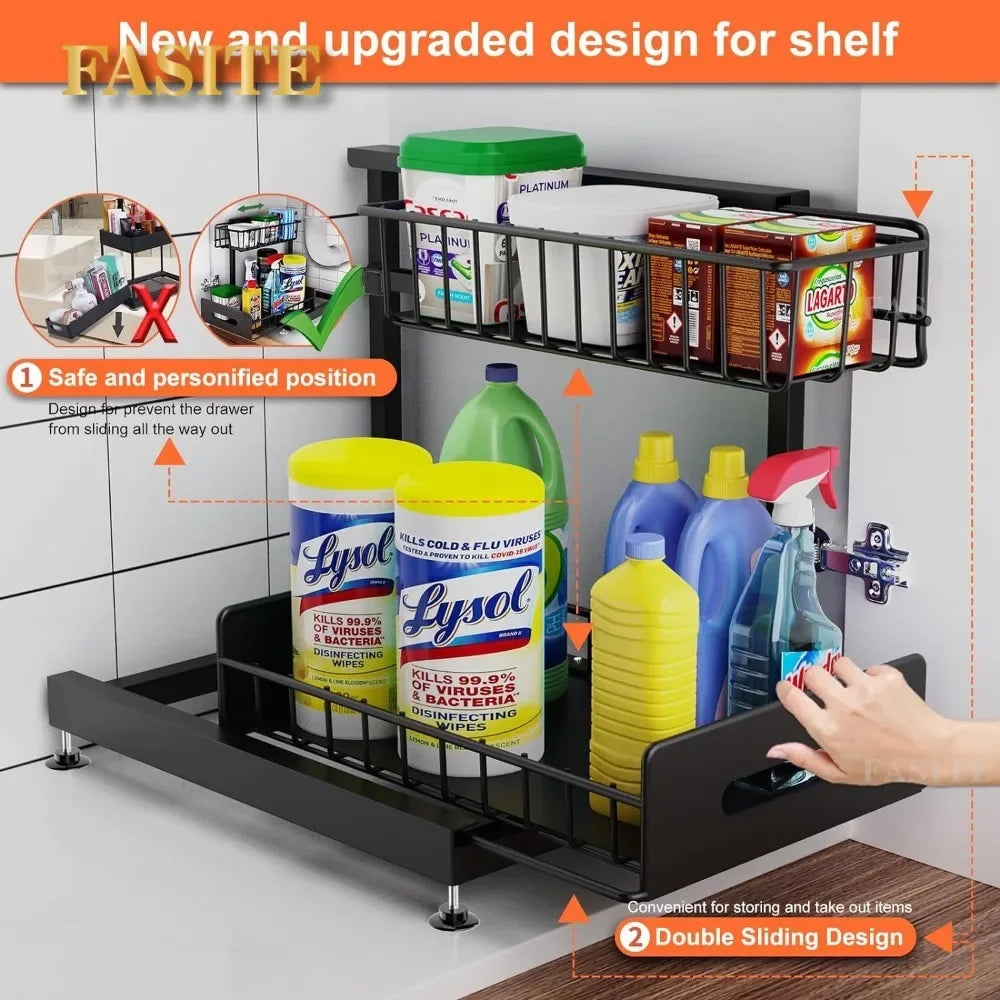 2-Tier Sliding Out Kitchen Basket Sink Shelf Cabinet Organizer 2 Pack