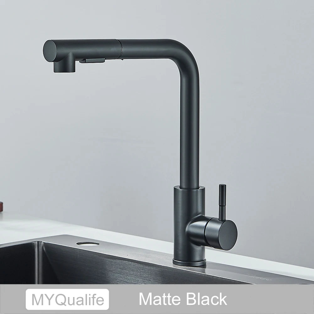 Matte Black Pull Out Kitchen Sink Faucet Two Model Stream Sprayer Nozzle Stainless Steel Hot Cold Wate Mixer Tap Deck