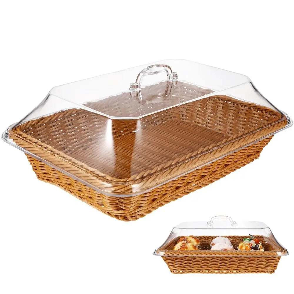 1Pcs Imitation Rattan Woven Basket Lid Transparent Vegetable Bread Serving Food Serving Basket with Acrylic Lid Tabletop