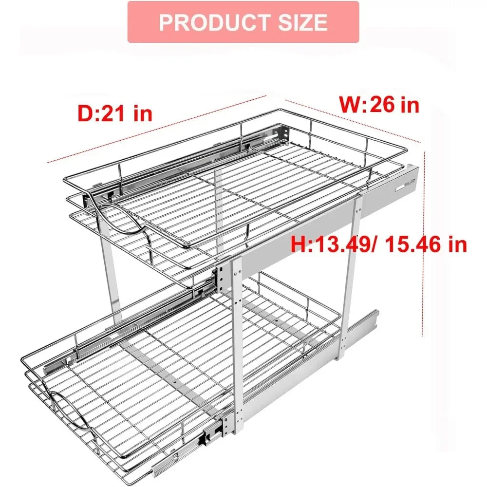 Pull Out Cabinet Organizer 26" W x 21" D 2-Tier Individual Slide  Drawer Pantry Shelf Storage