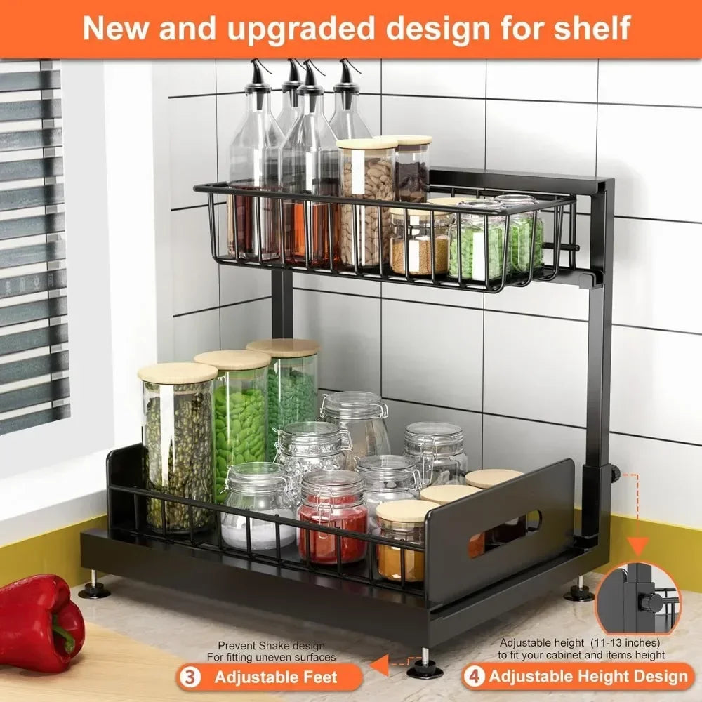 2-Tier Sliding Out Kitchen Basket Sink Shelf Cabinet Organizer 2 Pack