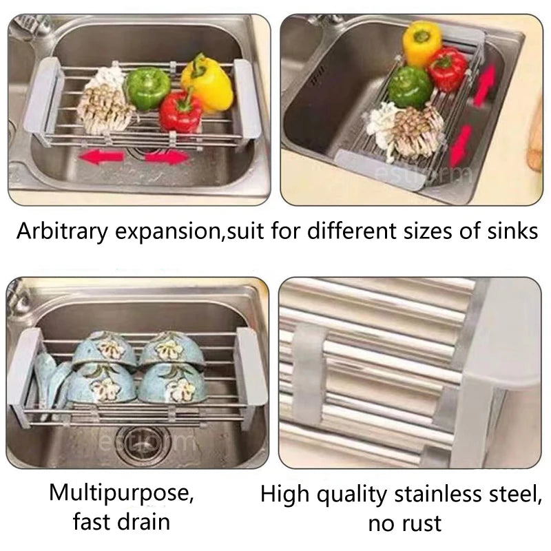 Kitchen Dish Drying Rack,Over Sink Expandable Stainless Steel Dish Rack/Drainer,Adjustable Vegetable Fruit Drain Basket For Sink