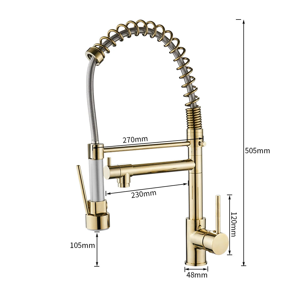 Kitchen Faucets Brush Brass Faucets for Kitchen Sink  Single Lever Pull Down Spring Spout Mixers Tap Hot Cold Water Crane 9009