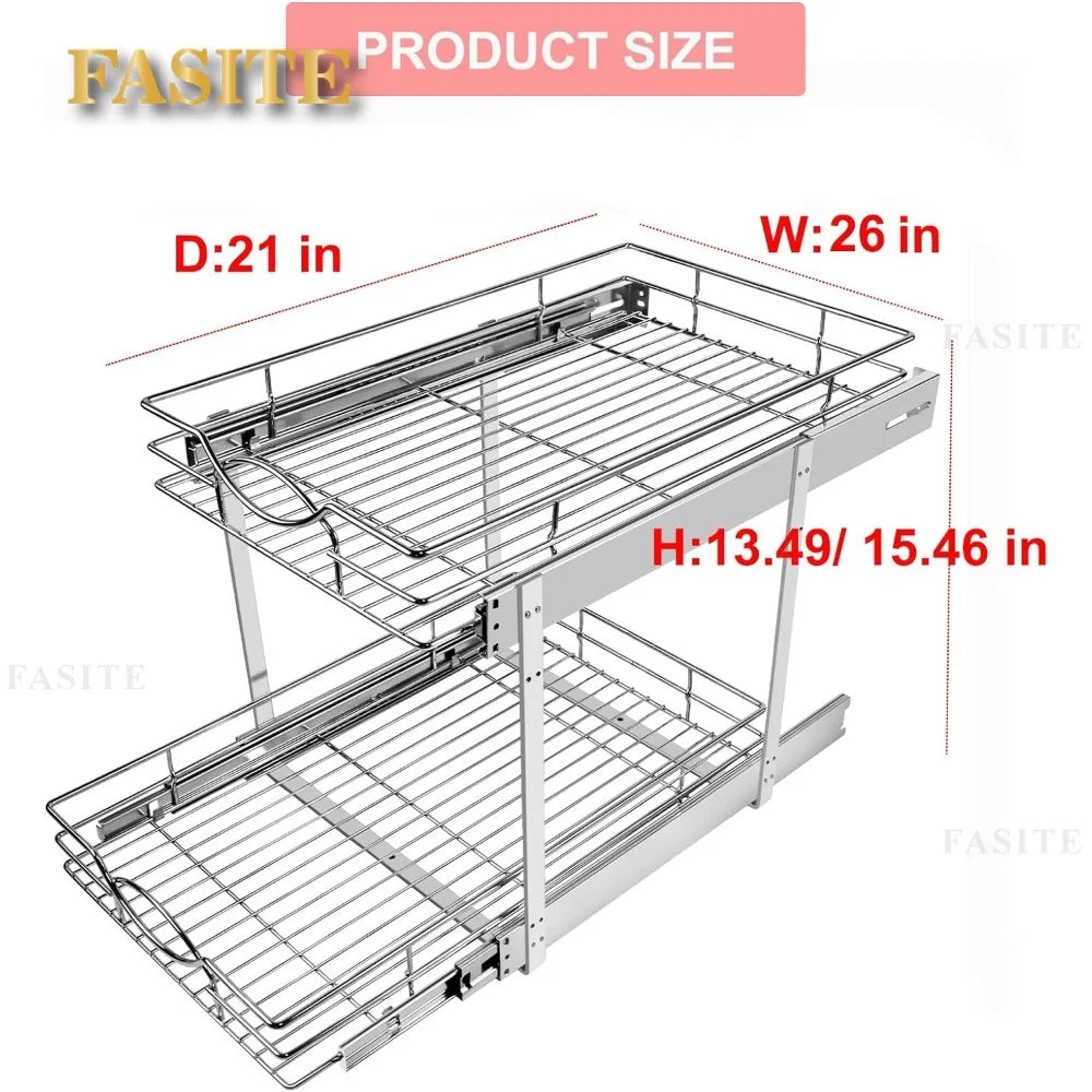 Pull Out Cabinet Organizer 26" W x 21" D 2-Tier Individual Slide  Drawer Pantry Shelf Storage