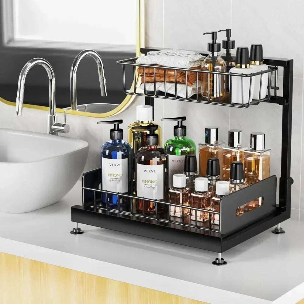 2-Tier Sliding Out Kitchen Basket Sink Shelf Cabinet Organizer 2 Pack