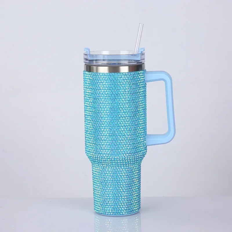 40oz Rhinestone Tumbler Women Shiny Diamond Stainless Steel Straw Cup Travel Car Thermoses Coffee Mug Water Bottle Drinkware