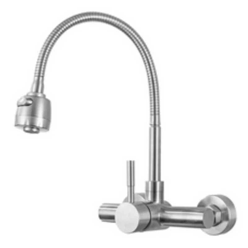 Chrome Wall Mounted Dual Hole Kitchen Faucet Lead Free Hot Cold Water Mixer Tap Stream Spray Bubbler 360 Rotation Flexible Pipe