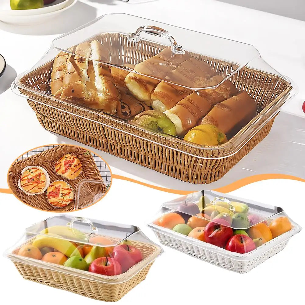 Wicker Bread Basket Serving Vegetable Bread Serving Lid Food Box Baskets With Acrylic Supplies Storage Kitchen Fruit Picnic O0T0