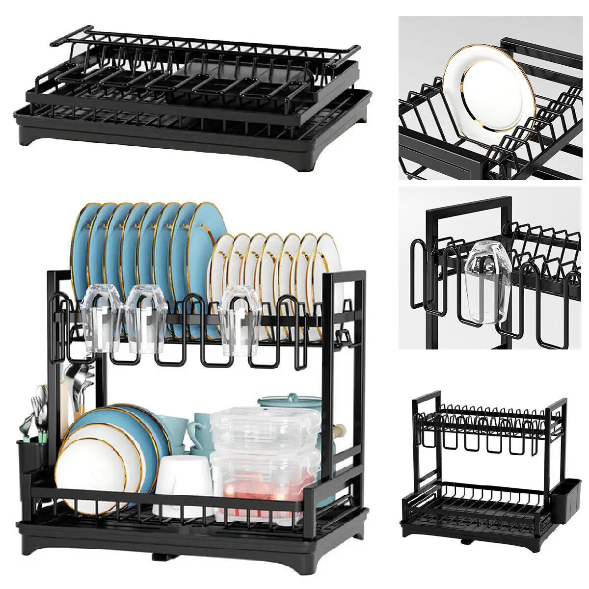 3 Tier Dish Drainer With Drip Tray Cutlery Holder Plate Rack Kitchen Sink