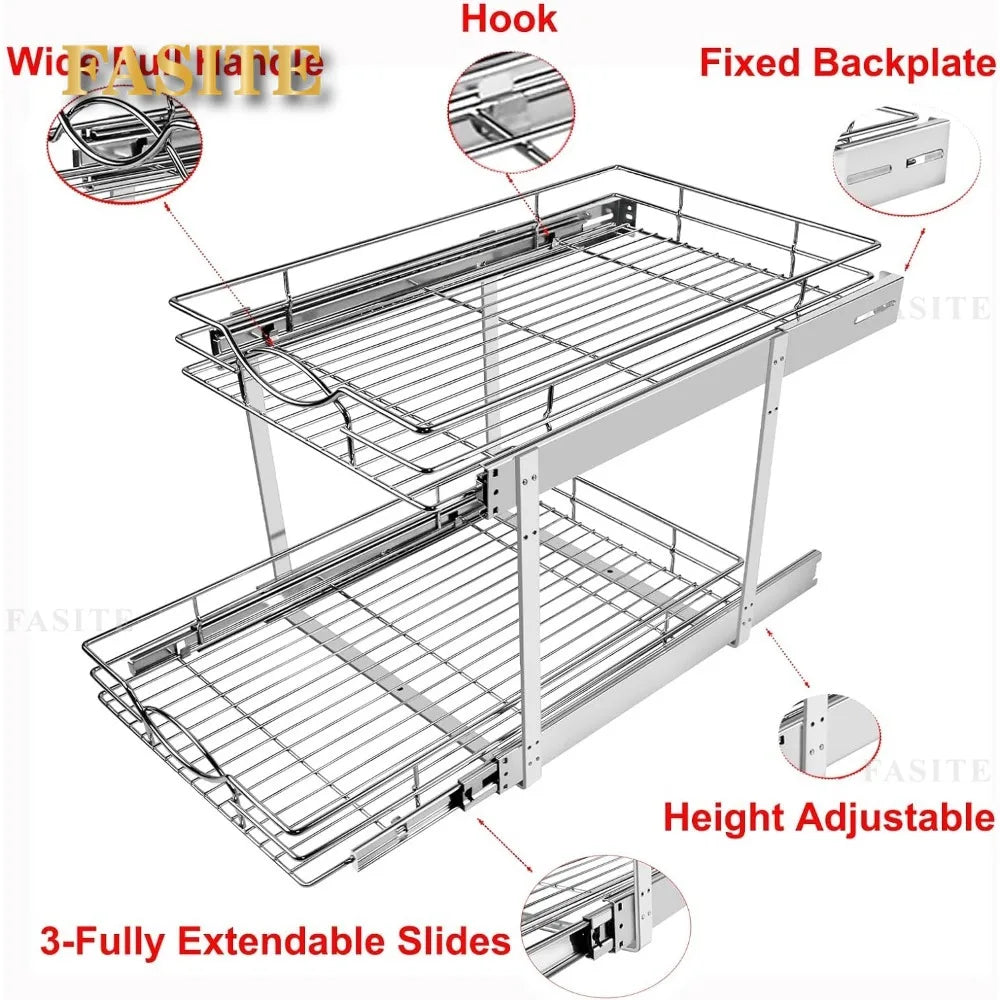 Pull Out Cabinet Organizer 26" W x 21" D 2-Tier Individual Slide  Drawer Pantry Shelf Storage