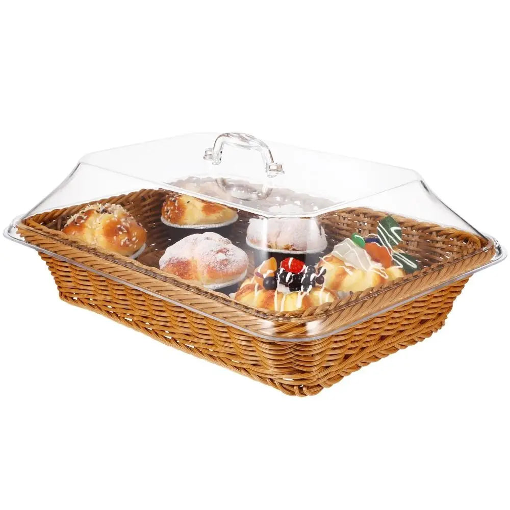 1Pcs Imitation Rattan Woven Basket Lid Transparent Vegetable Bread Serving Food Serving Basket with Acrylic Lid Tabletop