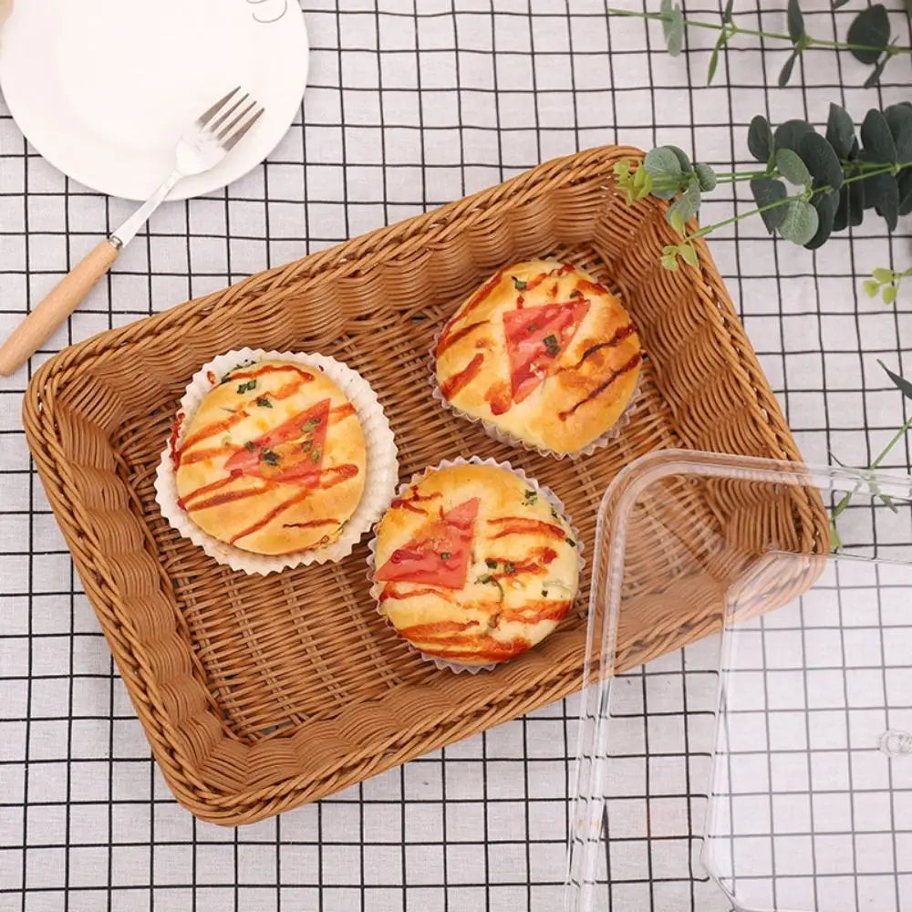 1Pcs Imitation Rattan Woven Basket Lid Transparent Vegetable Bread Serving Food Serving Basket with Acrylic Lid Tabletop