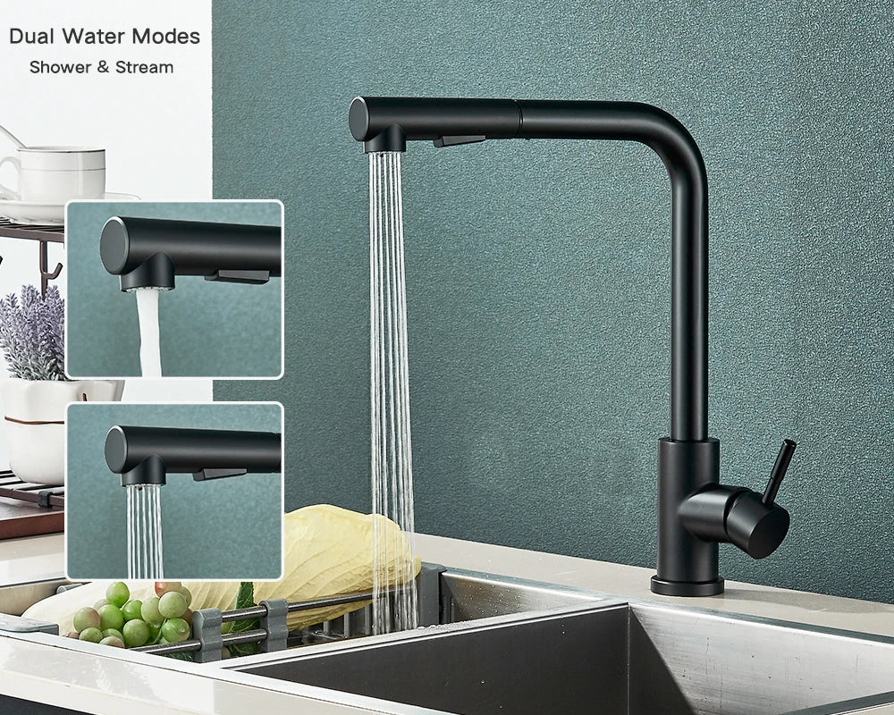 Pull Out Kitchen Sink Faucet Flexible 2 Modes Stream & Sprayer Nozzle Rotatable Faucets Stainless Steel Hot Cold Wate Mixer Tap