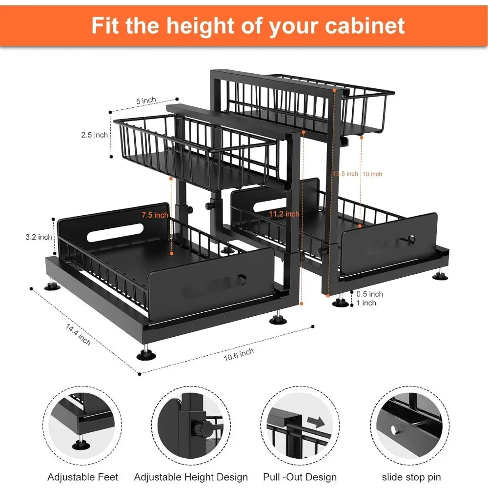 2-Tier Sliding Out Kitchen Basket Sink Shelf Cabinet Organizer 2 Pack