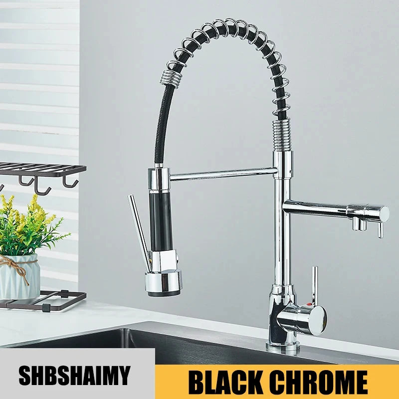 Black Kitchen Sink Faucet Pull Down Hot and Cold Water Mixer2 Mode Tap with Dual Spout 360 Rotation Flexible Deck Mounted