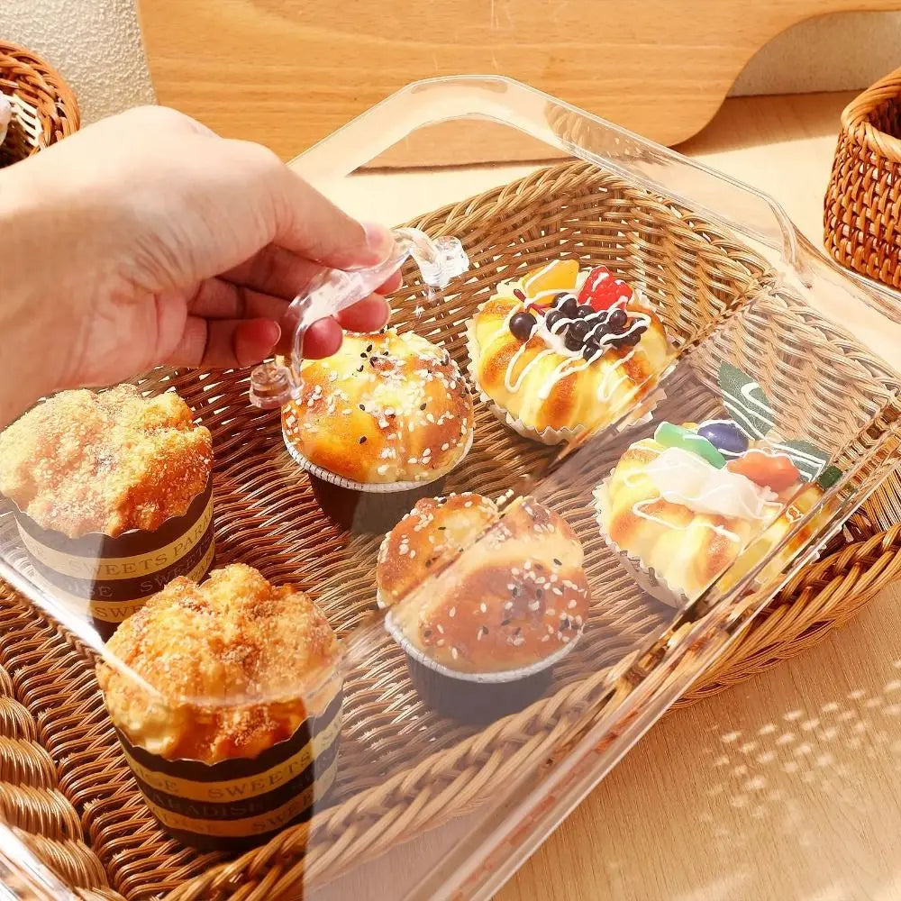 1Pcs Imitation Rattan Woven Basket Lid Transparent Vegetable Bread Serving Food Serving Basket with Acrylic Lid Tabletop