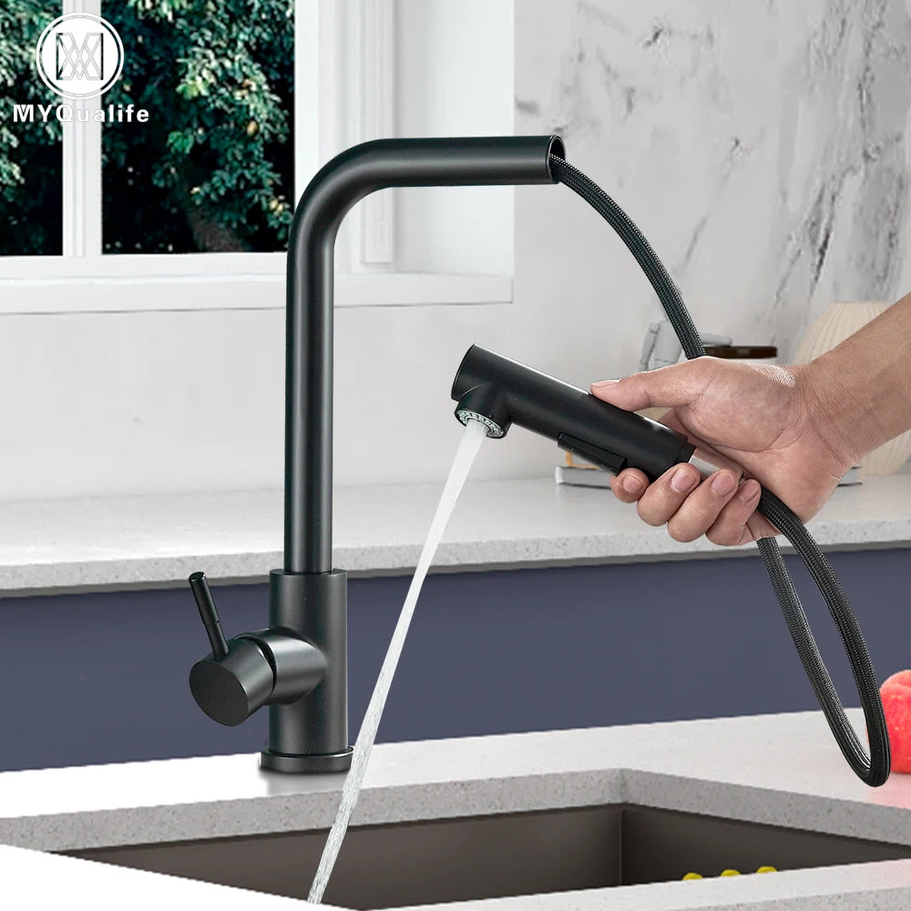 Matte Black Pull Out Kitchen Sink Faucet Two Model Stream Sprayer Nozzle Stainless Steel Hot Cold Wate Mixer Tap Deck