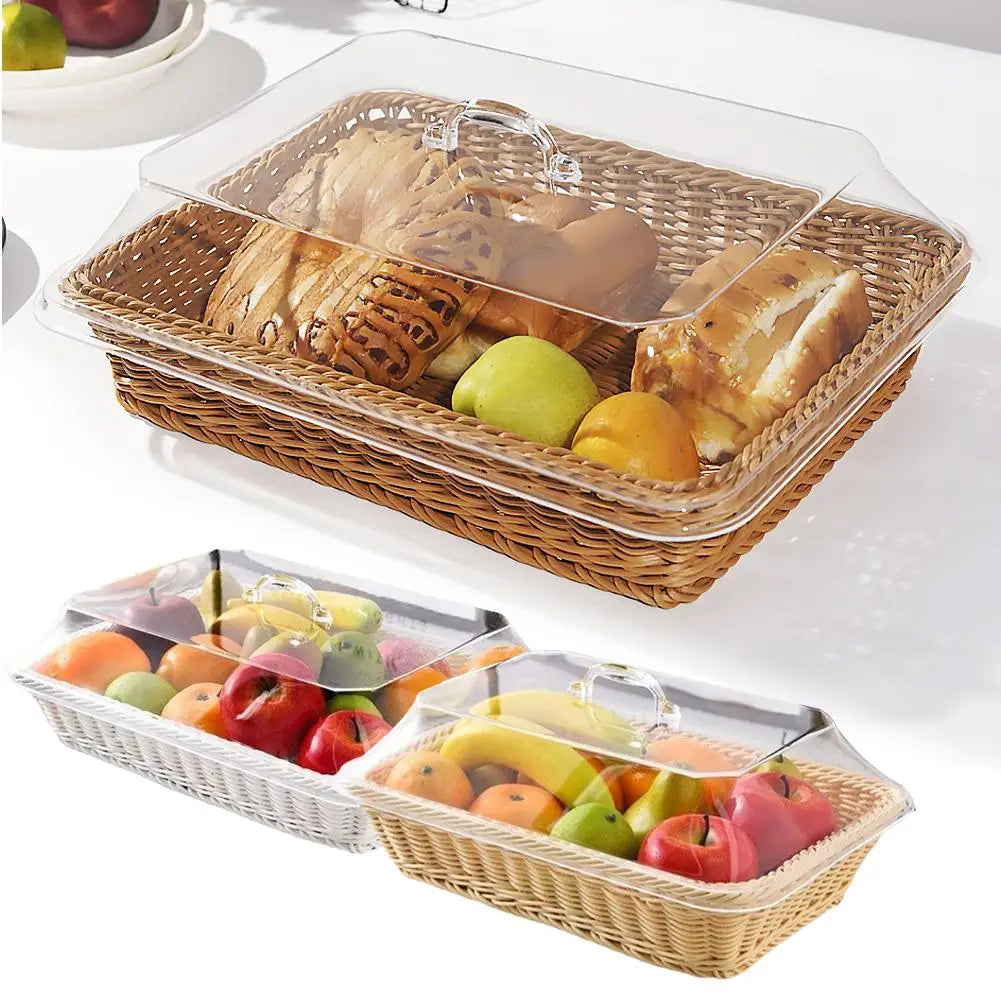 Wicker Bread Basket Serving Vegetable Bread Serving Lid Food Box Baskets With Acrylic Supplies Storage Kitchen Fruit Picnic O0T0