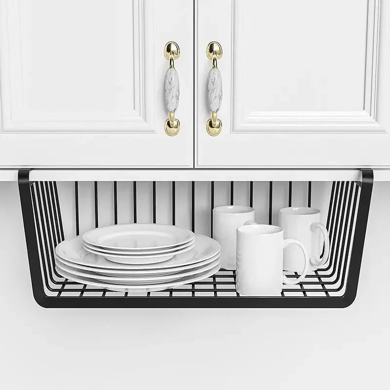 1pc White/Black Hanging Net Basket Iron Material Large Capacity Hanging Under Cabinet Wall Wardrobe Storage Basket Kitchen Tools