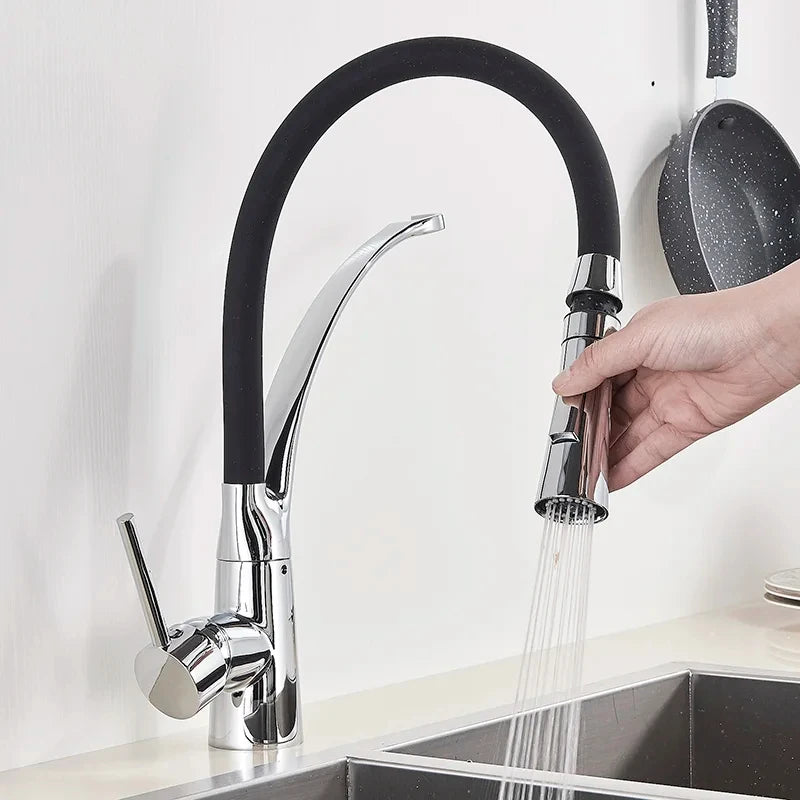 Brushed Nickel Rubber Kitchen Faucet Mixer Tap Rotation Pull Down Stream Sprayer Taps Hot Cold Water Tap One Handle Kitchen Tap