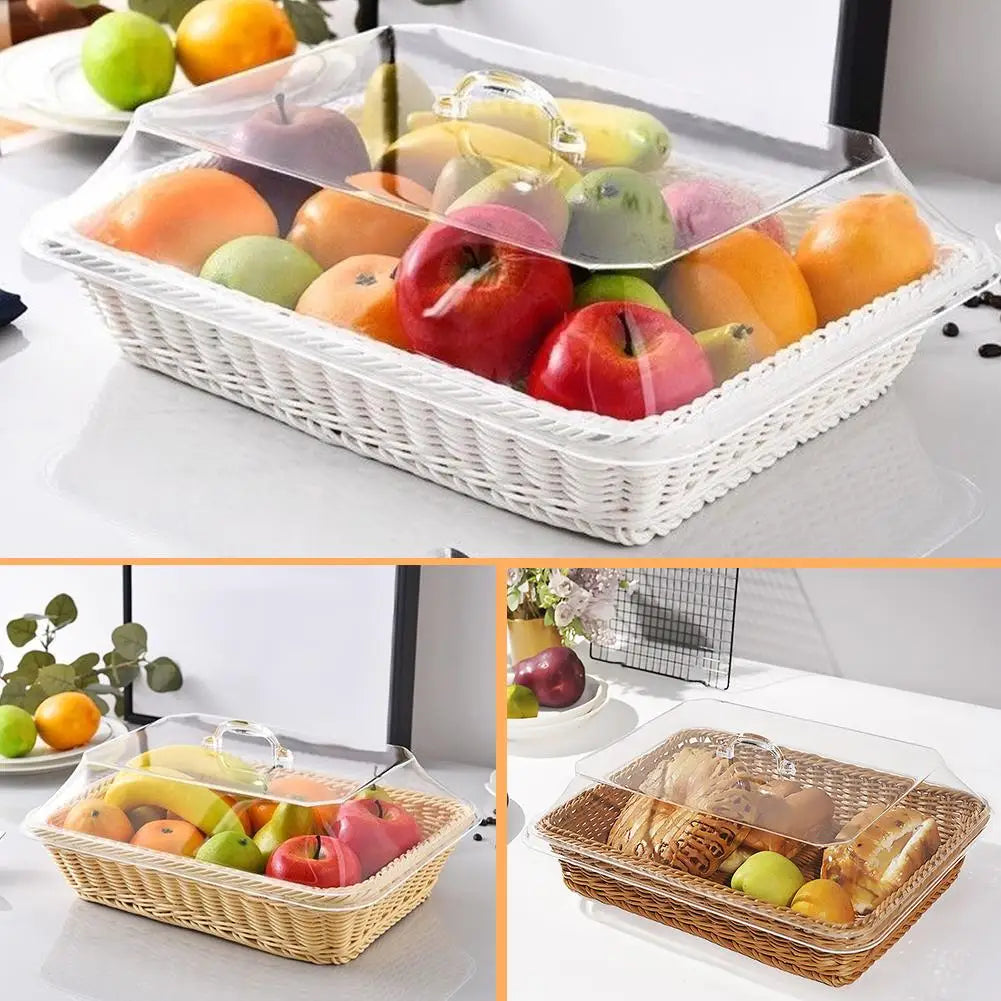 Wicker Bread Basket Serving Vegetable Bread Serving Lid Food Box Baskets With Acrylic Supplies Storage Kitchen Fruit Picnic O0T0