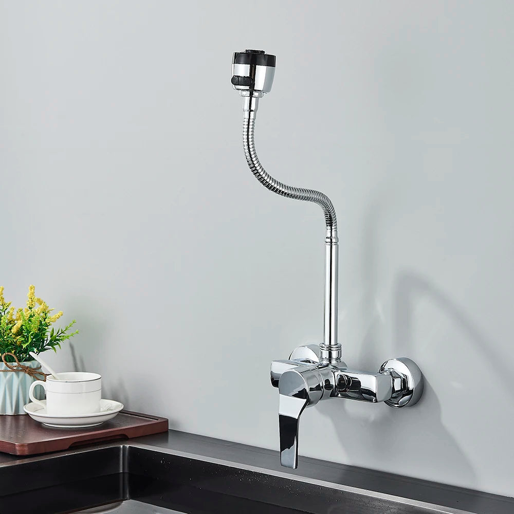 Chrome Wall Mounted Dual Hole Kitchen Faucet Lead Free Hot Cold Water Mixer Tap Stream Spray Bubbler 360 Rotation Flexible Pipe