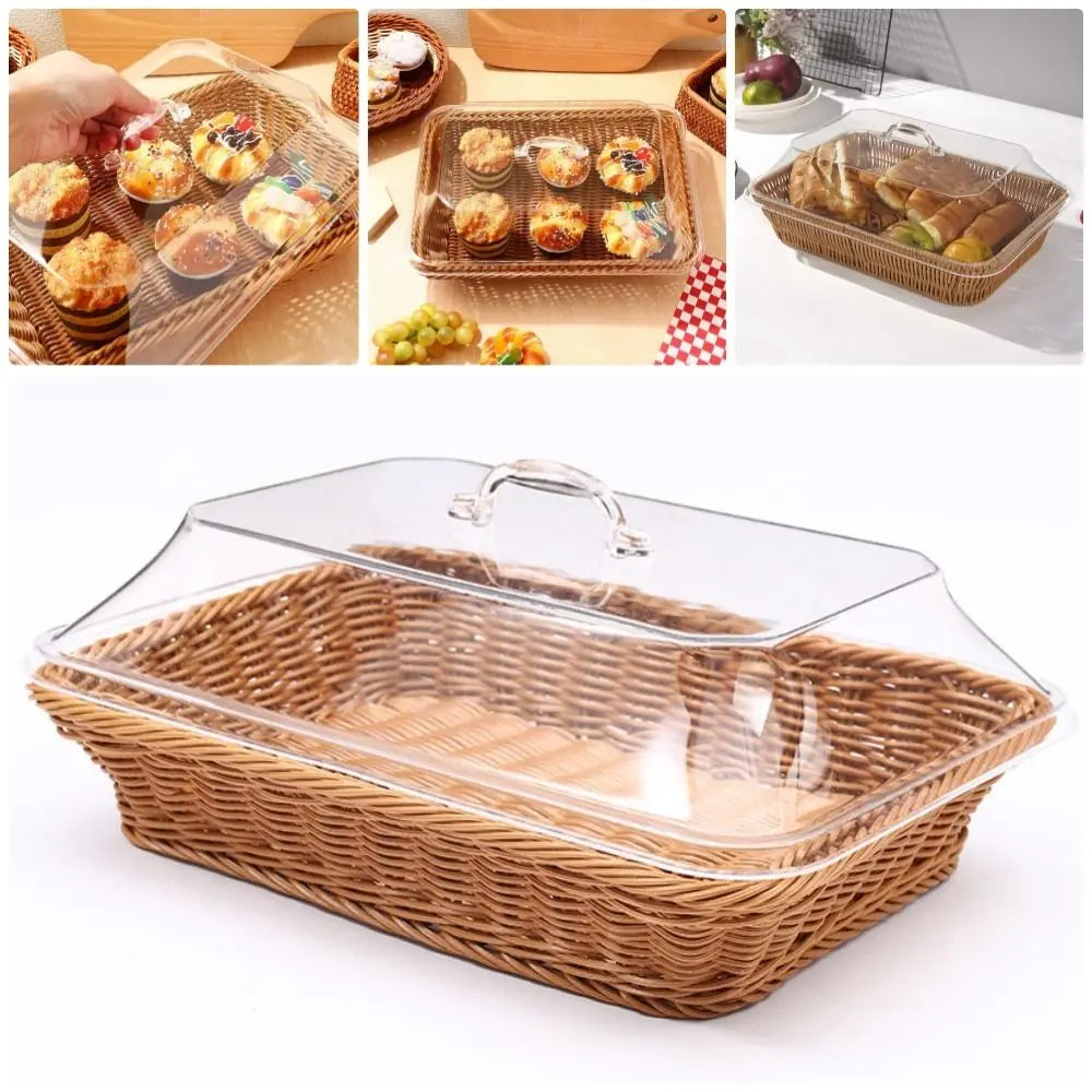 1Pcs Imitation Rattan Woven Basket Lid Transparent Vegetable Bread Serving Food Serving Basket with Acrylic Lid Tabletop