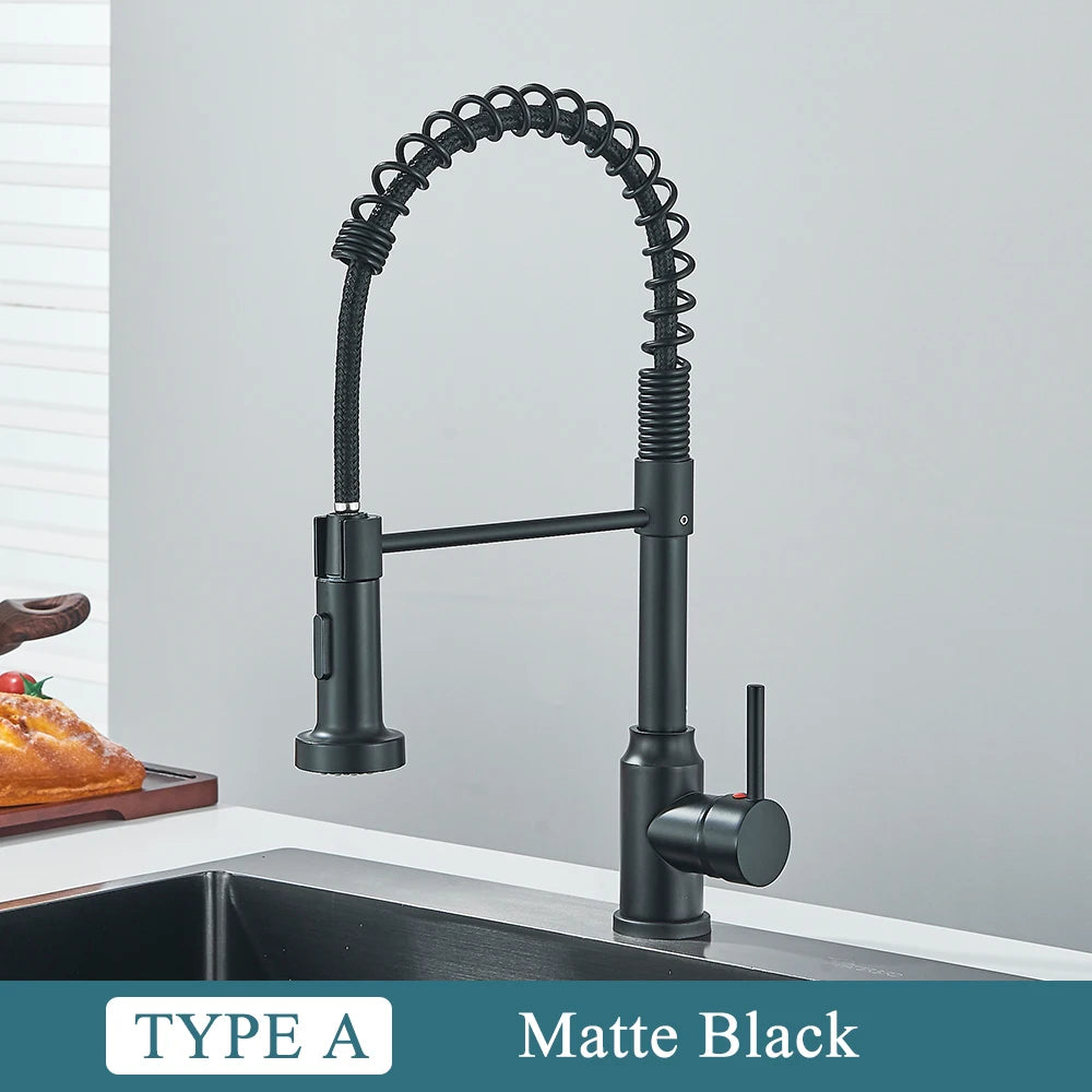 Matte Black Kitchen Sink Faucet One Handle Spring Hot and Cold Water Tap Deck Mounted Bathroom Chrome Kitchen Crane