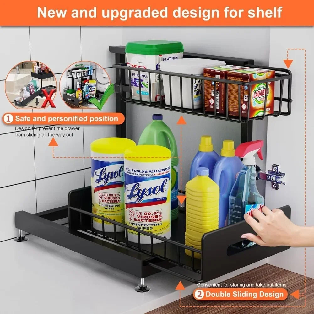 2-Tier Sliding Out Kitchen Basket Sink Shelf Cabinet Organizer 2 Pack