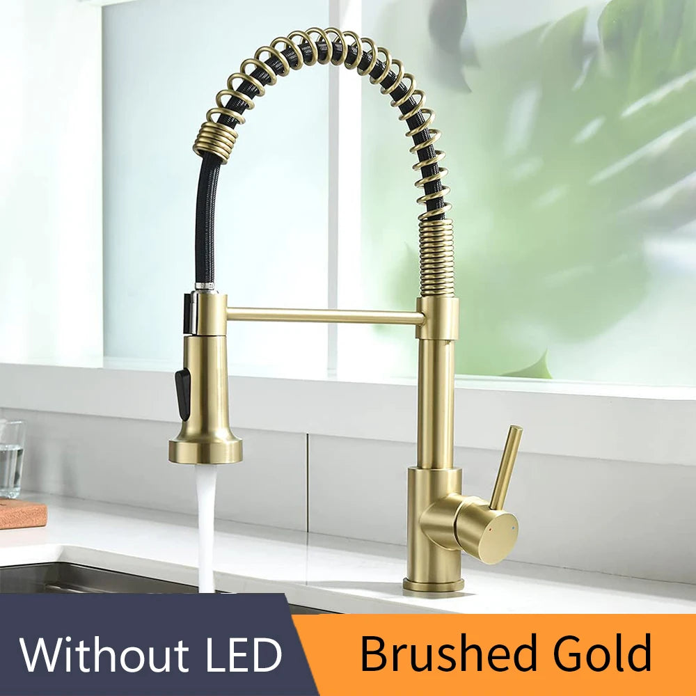 Kitchen Faucets Brush Brass Faucets for Kitchen Sink  Single Lever Pull Down Spring Spout Mixers Tap Hot Cold Water Crane 9009