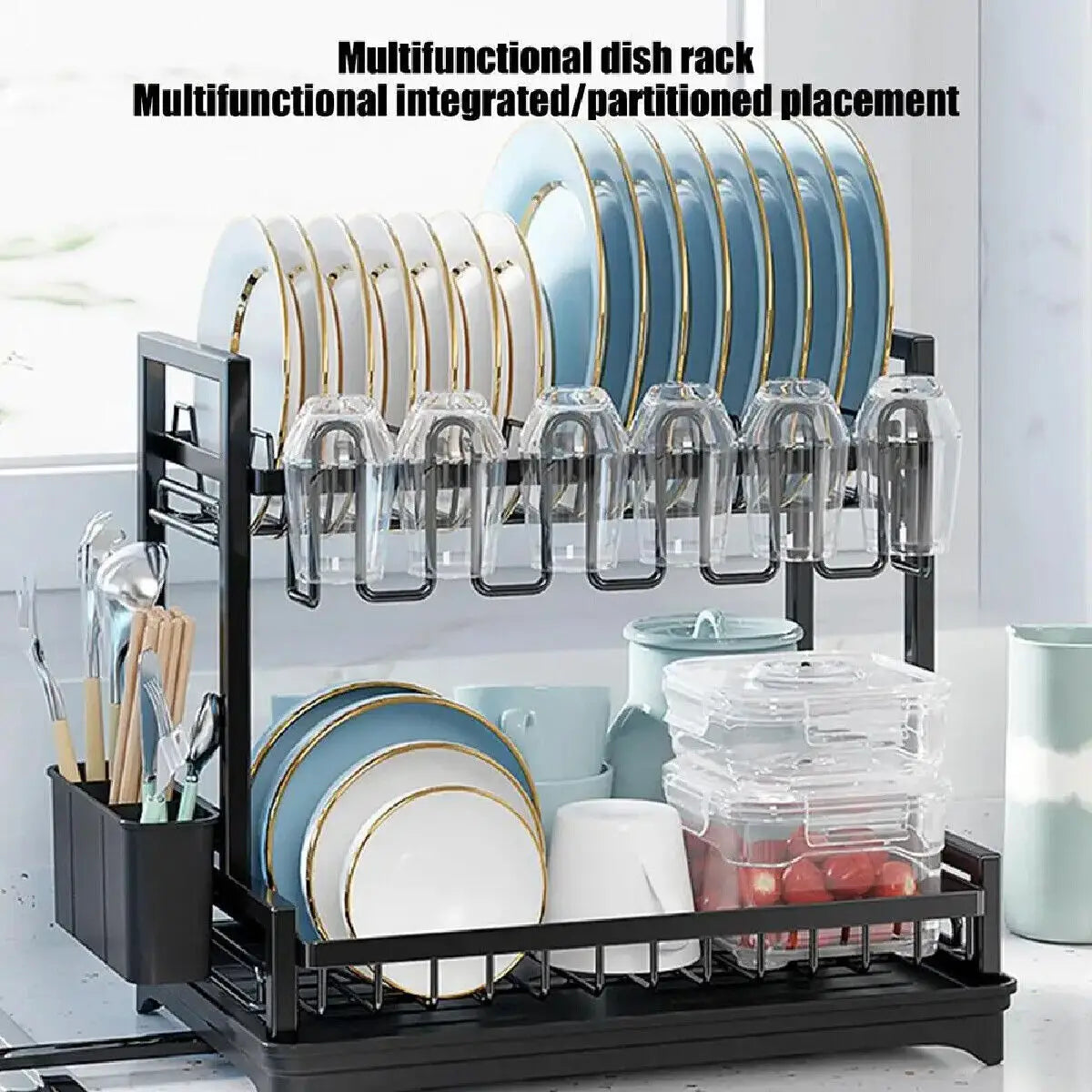 3 Tier Dish Drainer With Drip Tray Cutlery Holder Plate Rack Kitchen Sink