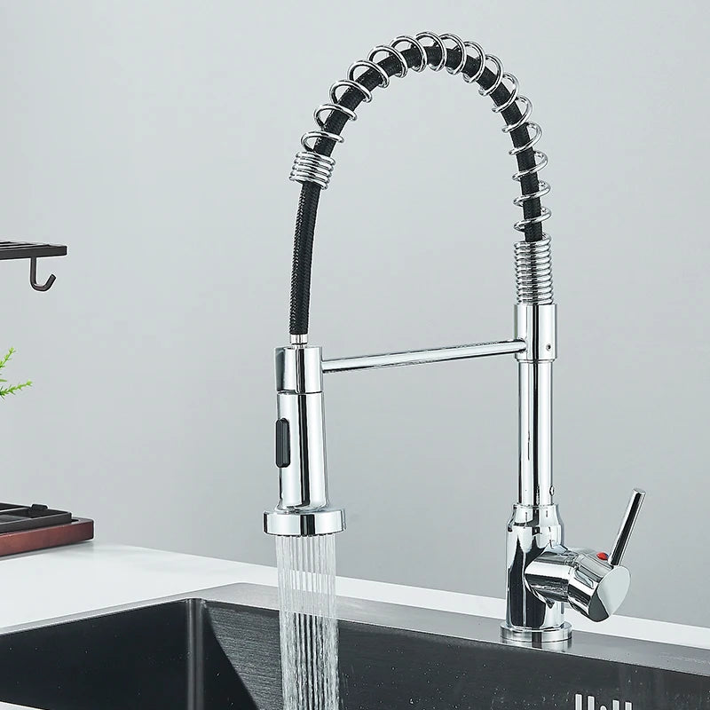 Chrome Spring Pull Down Kitchen Faucets Stream Spray Head Hot Cold Water Tap Stainless steel Rotation Kitchen Mixer Tap Crane