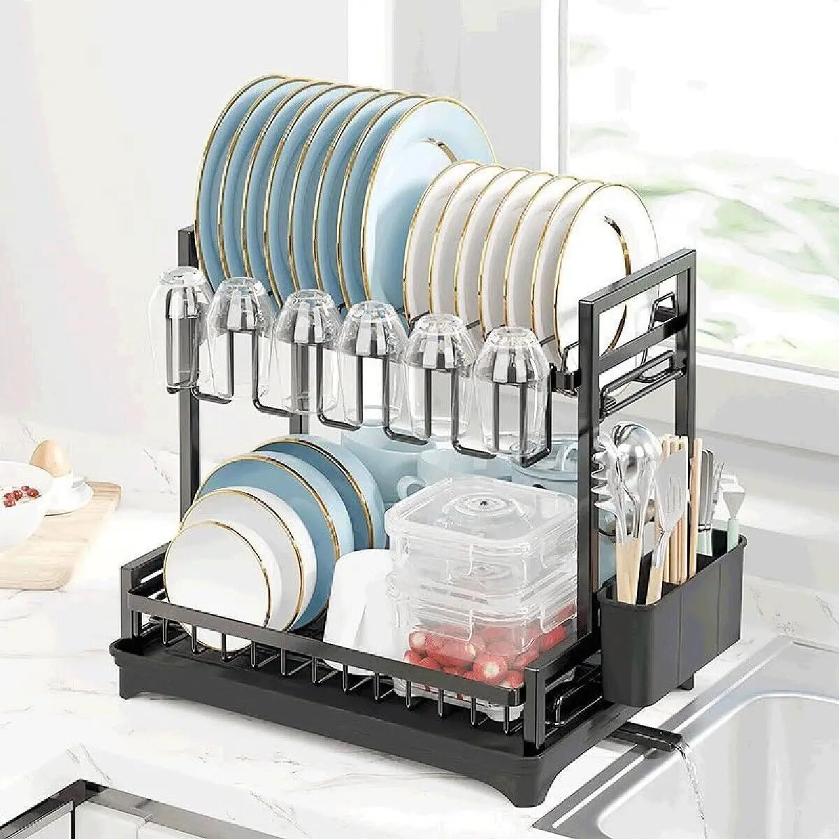 3 Tier Dish Drainer With Drip Tray Cutlery Holder Plate Rack Kitchen Sink