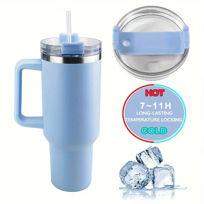 1Pc Insulated Reusable Double Wall Tumbler with Handle and Straw Lid, Stainless Steel Water Bottle, Travel Mug, 40 OZ