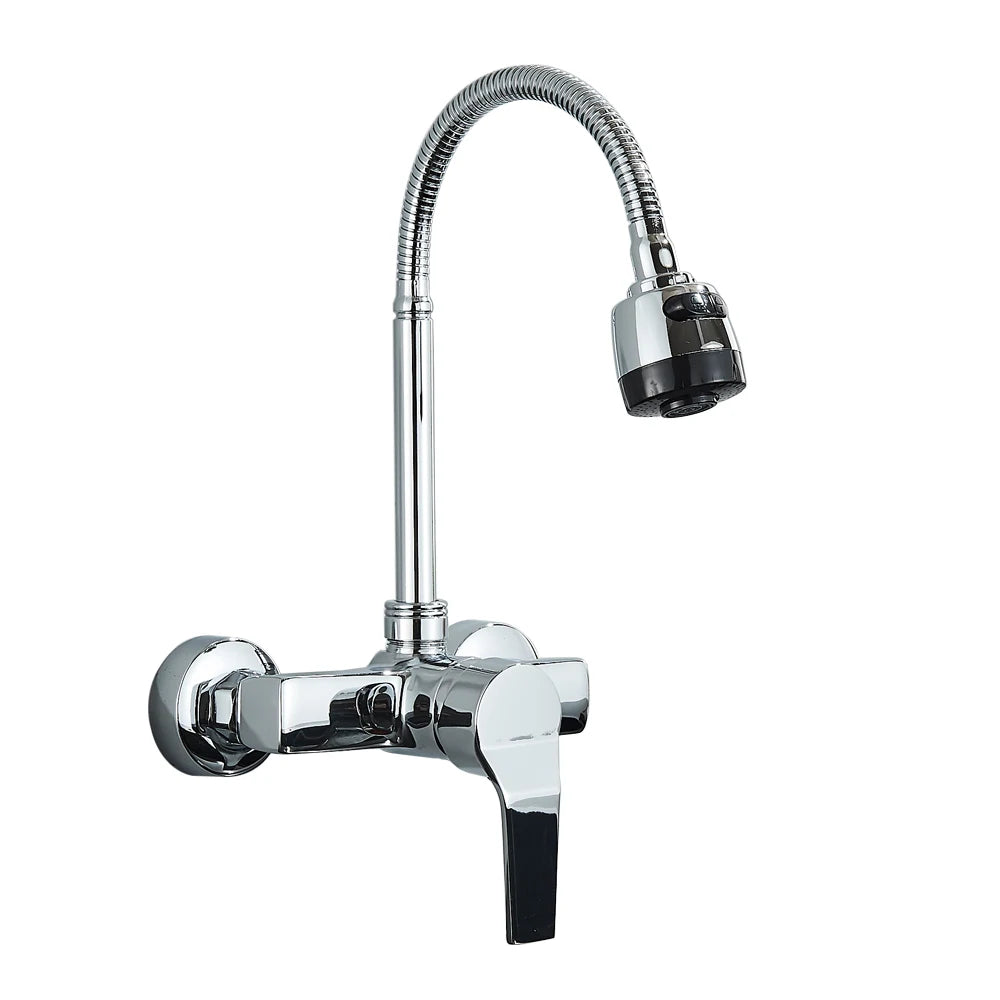 Chrome Wall Mounted Dual Hole Kitchen Faucet Lead Free Hot Cold Water Mixer Tap Stream Spray Bubbler 360 Rotation Flexible Pipe